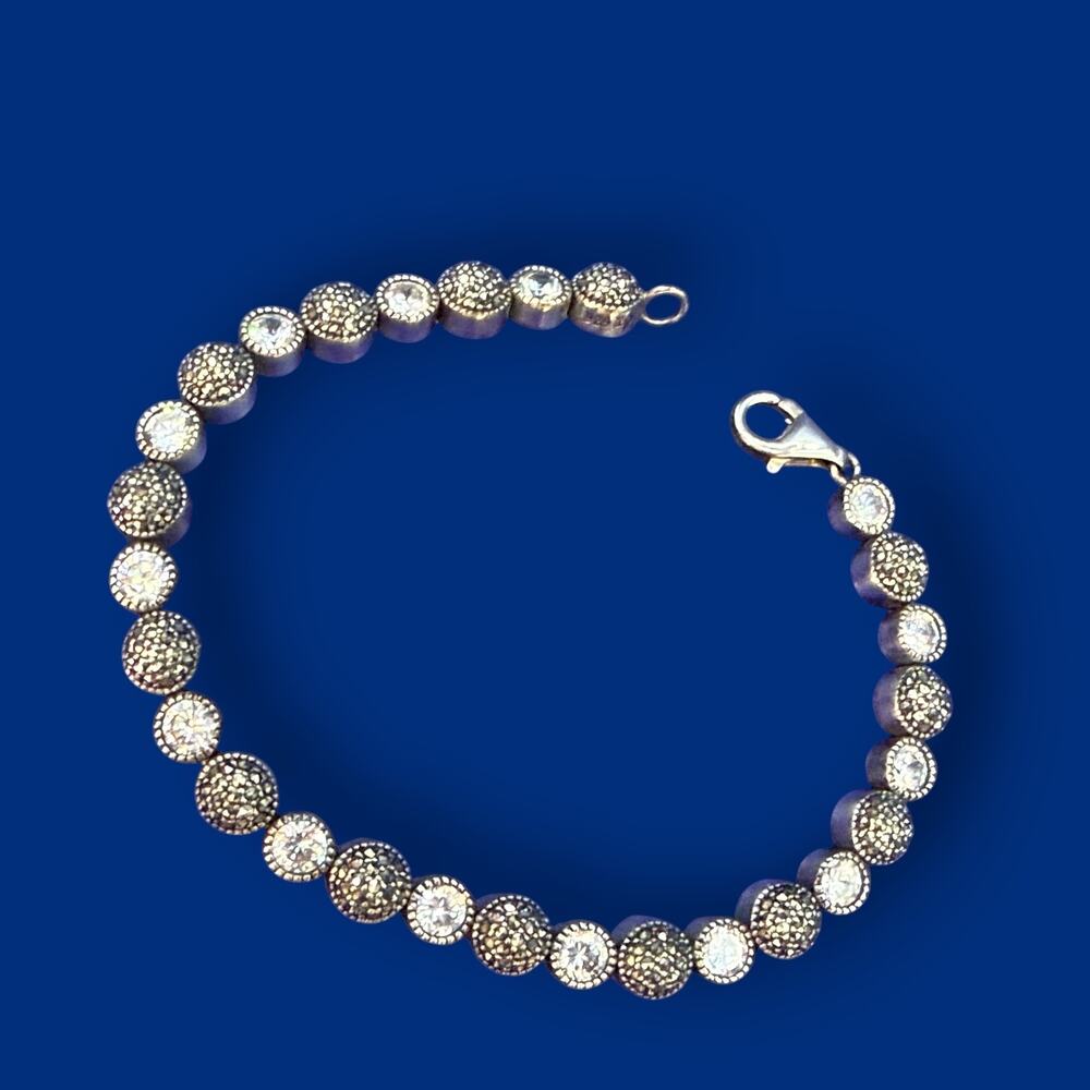 Vintage 925 Sterling Silver Marcasite & Clear CZ Tennis Bracelet 17.6g